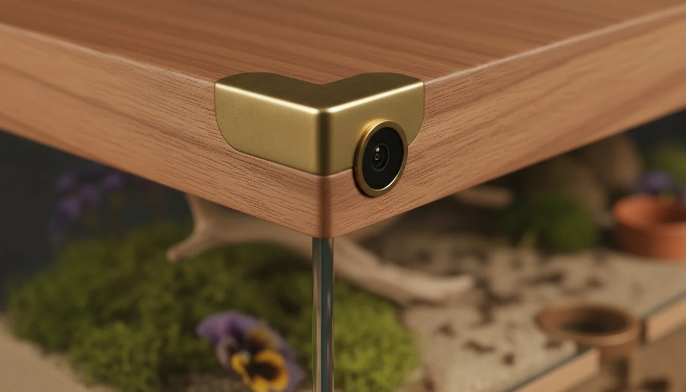 Integrated micro camera detail in brass and wood corner