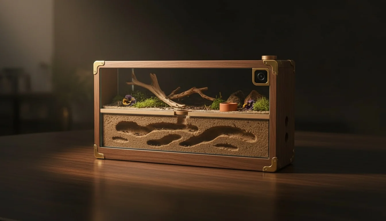 Thulla smart luxury terrarium with wood, brass, glass, moss, tunnels, and integrated camera