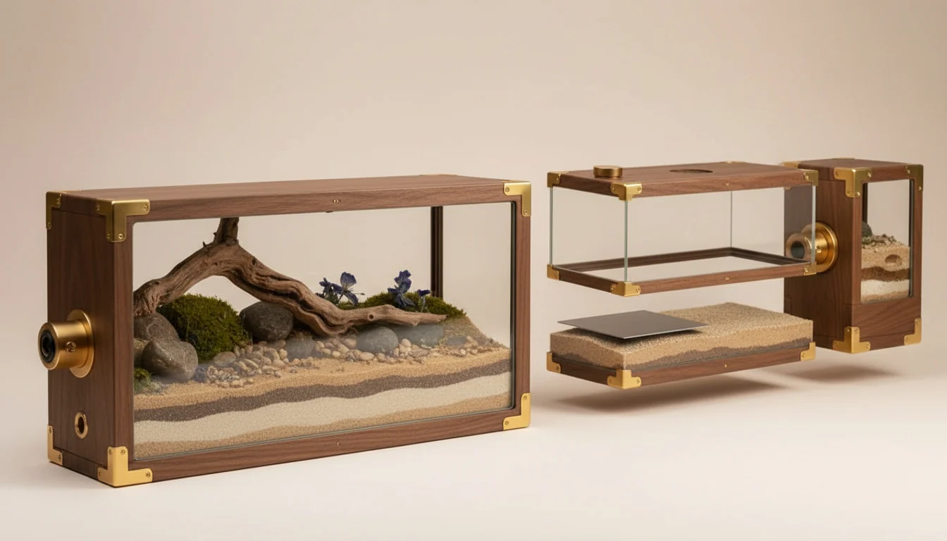 Exploded product concept showing glass habitat, wood frame, brass camera module, and layered substrate